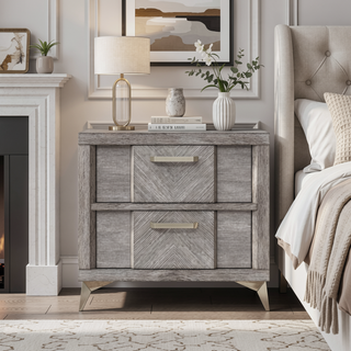 Sunvega Gray Bookmatched Ash Veneers Nightstand with 2 Storage Drawers