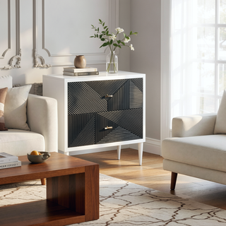 Sunvega White and Black Accent Nightstand with Two Patterned Drawers and Wooden Legs