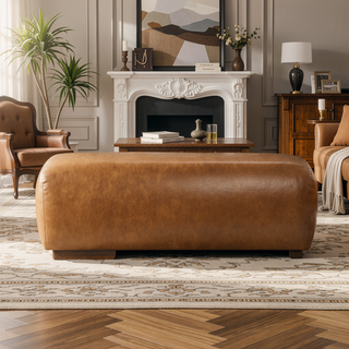 Sunvega Handcrafted Vegan Tan Leather Bench with Plush Comfort and Contemporary Design