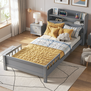 Sunvega Twin Pine Wood Bed with LED Motion Sensor Light and Bookcase Headboard