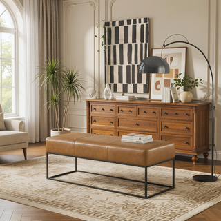 Sunvega Teak Wood Leather Bench with Metal Base and Padded Seat