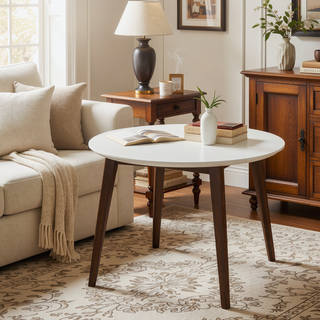 Sunvega Mid-Century Modern Round Dining Table in White Solid Wood for Kitchen