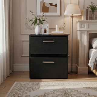 Sunvega Black Nightstand with Two Drawers and Metal Handles for Bedroom