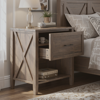 Sunvega Handcrafted Solid Wood Smoky Brown Bedside Table with Drawer and Storage