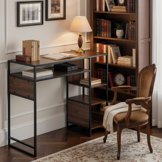 Sunvega Display Farmhouse Bar Height Table with Storage in Black Metal and Walnut Wood