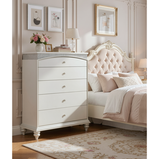Sunvega Platinum Finish Chest with Five Spacious Drawers and Rhinestone Inlays