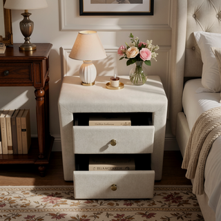 Sunvega Upholstered Beige Linen Look Nightstand with Two Storage Drawers