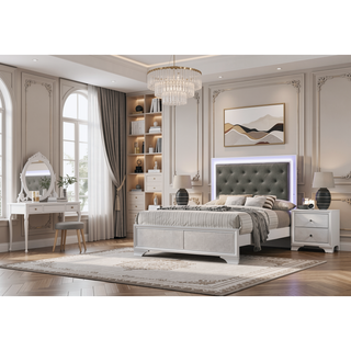 Sunvega Modern Glam White Crocodile Texture Two Drawer Nightstand with Crystal Pulls