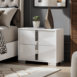 Sunvega Contemporary White Nightstand with Chrome Legs and Handles for Bedroom