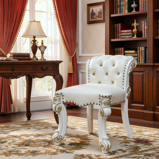 Sunvega Beige and Antique Silver Upholstered Vanity Stool with Nailhead Trim and Button Tufting