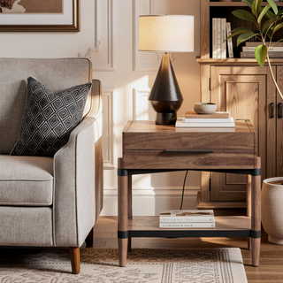 Sunvega Walnut Finish Minimal Assembly Nightstand with Drawer and Shelf