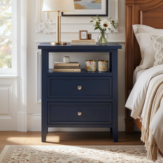 Sunvega Weston Midnight Blue 2-Drawer Nightstand with Nickel Knobs and Open Shelf