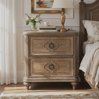 Sunvega Rustic Oak Veneer Nightstand with USB-A and USB-C Charging Station