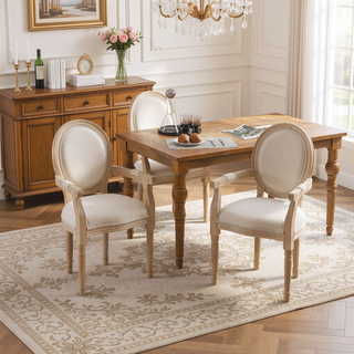 Sunvega French Style Solid Wood Frame Linen Fabric Oval Back Dining Chairs Set of 2