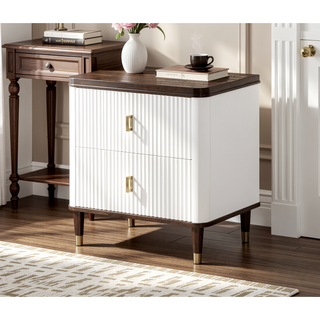 Sunvega White and Brown 2-Drawer Nightstand with USB Port for Bedroom