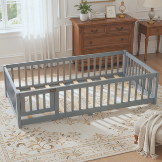 Sunvega Twin Size Floor Bed with Safety Guardrails and Door for Kids in Natural