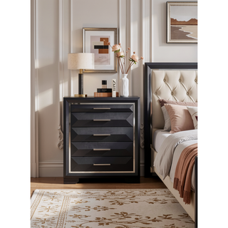 Sunvega Modern Black Wood Veneer Nightstand with Two Drawers for Bedroom