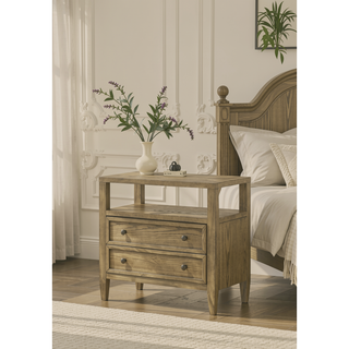 Sunvega Rustic Style Wooden Nightstand with Two Drawers and Open Shelf in Tan Beige