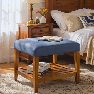 Sunvega Light Blue and Oak Tufted Padded Seat Bench with Open Slatted Shelf