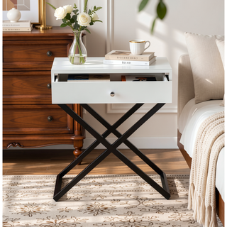 Sunvega Koda White Wooden End Table with Glass Top and Drawer