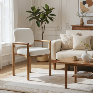 Sunvega Upholstered Arm Chairs Set of 2 with White Fabric Seating and Rubber Wood Frame