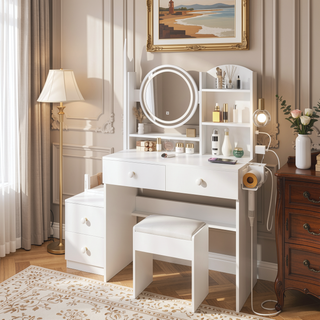 Sunvega Full Body Mirror Cabinet Vanity Table with Adjustable LED Lights and Power Station