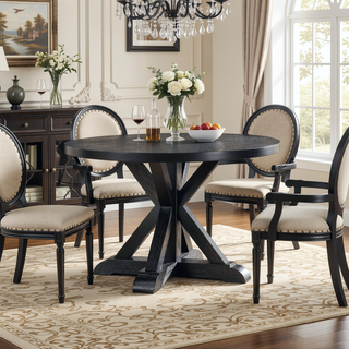 Sunvega Distressed Black Round Dining Table with Hand-Stained Oak Veneer Finish