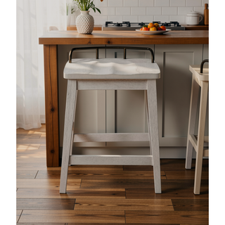 Sunvega Counter Stool with Shaped Seat and Oil-Rubbed Brass Galley Rail in Ivory