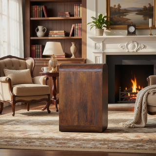 Sunvega Solid Mango Wood Chestnut Finish Nightstand with Drawer and Open Slots