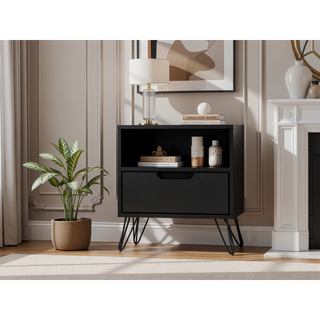 Sunvega Mid-Century Modern Pink Nightstand with Drawer and Open Shelf