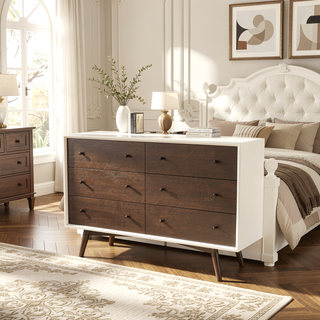 Sunvega Mid Century Modern White Dresser 6 Drawer Solid Wood Storage for Bedroom