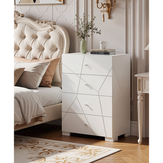 Sunvega Contemporary Nightstand with Geometric Accents and High-Gloss White Finish