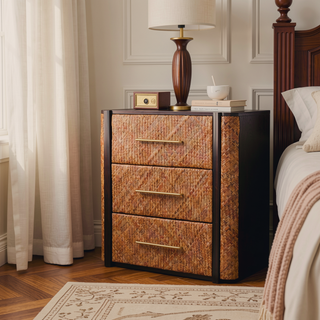 Sunvega Mocha-Finished Solid Mango Wood Chest with Handwoven Rattan Drawer