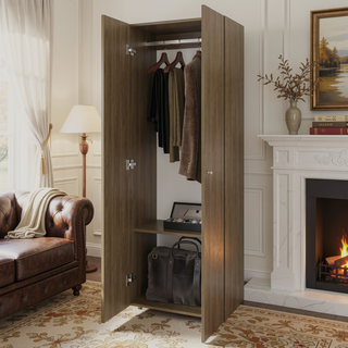 Sunvega 2 Door Armoire with 2 Shelves for Bedroom Storage in Natural Oak White