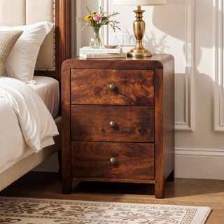 Sunvega Solid Wood California Walnut Naya Bedside with 3 Spacious Drawers and Brass Knobs