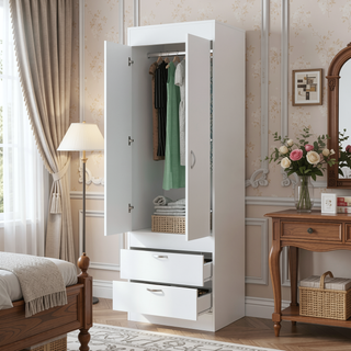 Sunvega White 2-Drawer Armoire for Hanging Clothes and Organizing Smaller Items