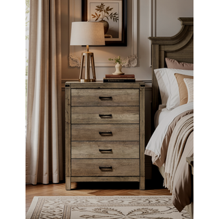 Sunvega Contemporary Rustic Five Drawer Chest with Melamine Finish and Metal Hardware
