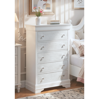 Sunvega Modern Metallic Gray Wood 5-Drawer Chest with Textured Surface and Crystal Knobs