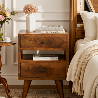 Sunvega Solid Mango Wood Mini Classic Oak-ish Nightstand with Two Drawers and Open Slot