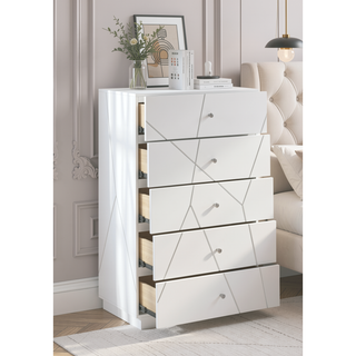 Sunvega Mist Chest White High-Gloss Lacquer Finish with Five Smooth-Glide Drawers