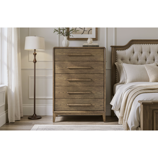 Sunvega Elm Veneer Small Chest in Warm Latte with Five Smooth Drawers