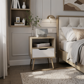 Sunvega Modern Natural Oak and White Nightstand with Drawer and Shelf