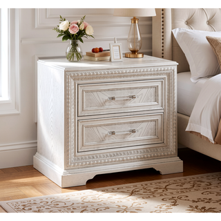 Sunvega Antique White Finish Wooden Nightstand with Two Drawers and Bar Handles
