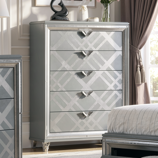 Sunvega Contemporary Silver Chest with Acrylic Legs and Embossed Art Deco Pattern