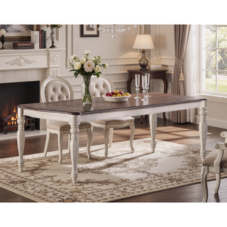Sunvega Antique White and Oak Transitional Style Solid Wood Dining Table with 2 Leaves