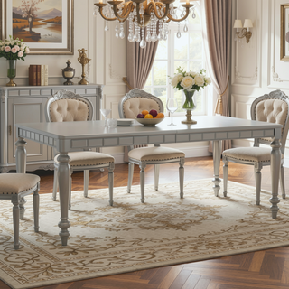 Sunvega Silver Finish Rectangular Dining Table with Mirror Trim and Draw Leaf