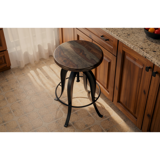 Sunvega Solid Wood Seat Top Metal Frame Round Stool with Smooth Crank Mechanism