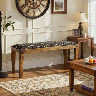 Sunvega Black and White Geometric Pattern Upholstered Bench with Wooden Frame