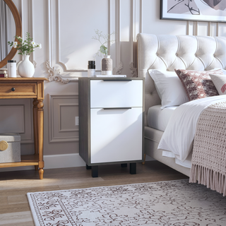 Sunvega Smokey Oak White Nightstand with Drawer and Spacious Cabinet for Bedroom