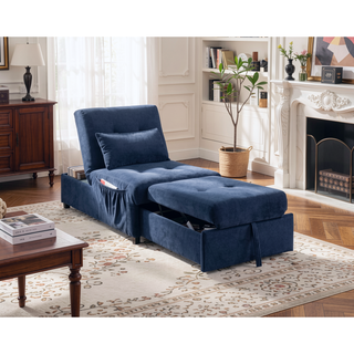 Sunvega Dark Blue Velvet Tufted Solid Wood Lift Top Storage Bench with Pull-out Ottoman
